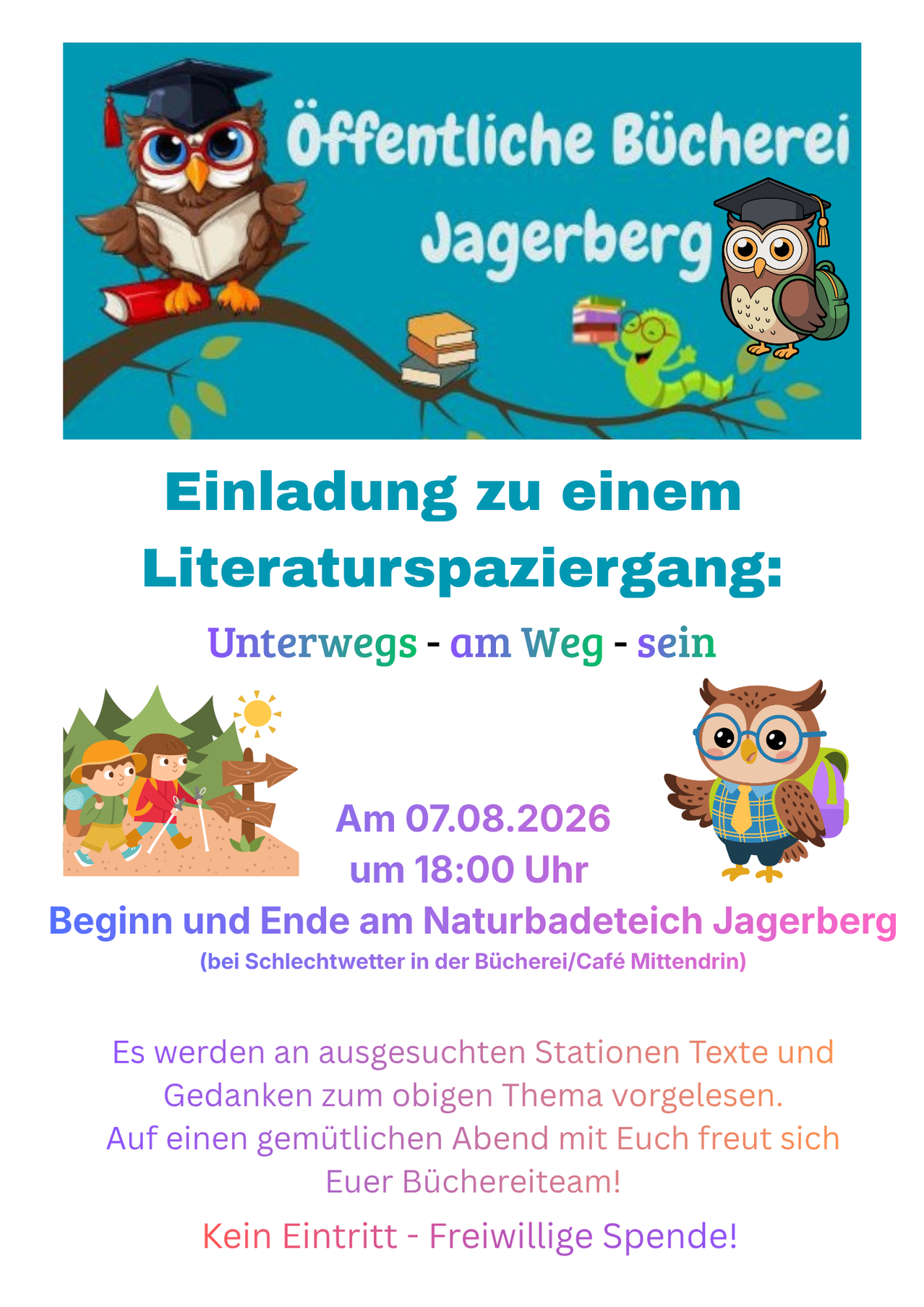 An invitation to a literature walk on August 7, 2026 at 18:00 at the Jagerberg Nature Bath. Children and adults will read selected texts and thoughts on the topic.