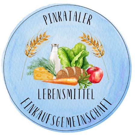 Ein blaues kreisförmiges Logo für Pinkatal zeigt eine Illustration verschiedener Lebensmittel wie Brot, Milch, Salat, Apfel, Käse und Karotten. Das Logo enthält auch den Text 'Pinkatal Lebensmittel Einkaufgemeinschaft'.