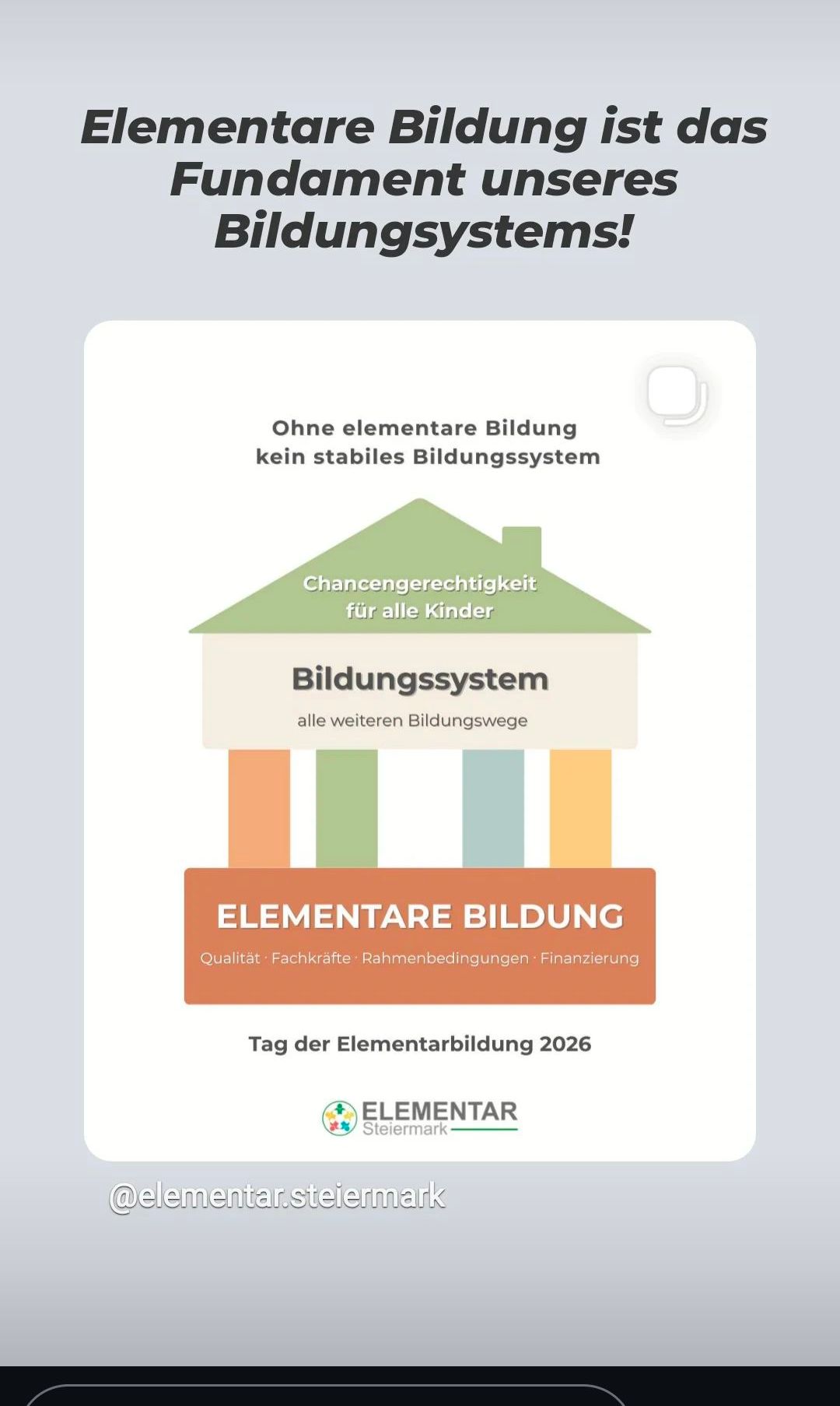 Ein Plakat über die Bedeutung der elementaren Bildung für ein stabiles Bildungssystem. Es hebt die Chance für alle Kinder, Qualität, Fachkräfte, Rahmenbedingungen und Finanzierung hervor. Das Plakat ist für den Tag der Elementarbildung 2026.