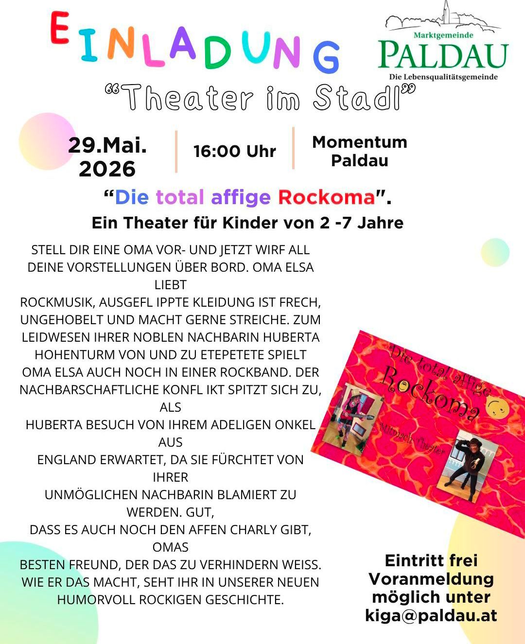Plakat für das Theater im Stadt-Event, 29. Mai 2026, mit dem Theaterstück 'Die total affigee Rockkoma' für Kinder von 2-7 Jahren. Schwerpunkte sind Rockmusik, wilde Kleidung und Nachbarschaftsprobleme.