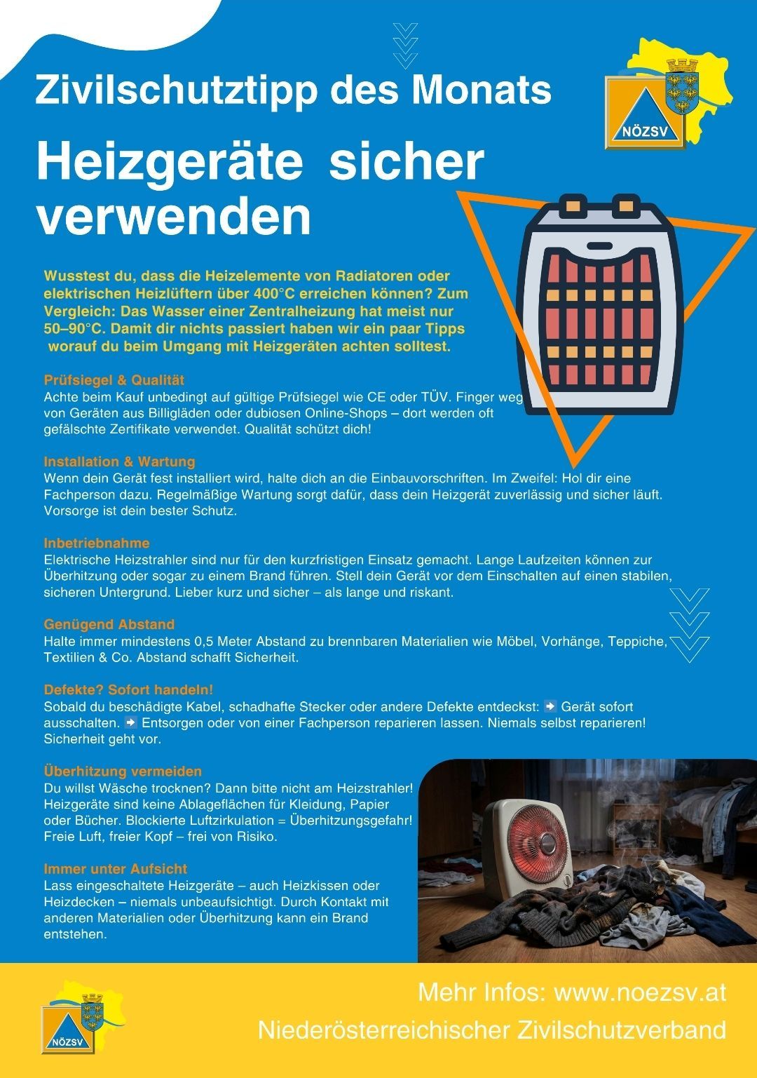 Das Bild gibt Sicherheitstipps für die Verwendung von Heizgeräten. Es warnt davor, sie in der Nähe von brennbaren Materialien zu verwenden und betont die Bedeutung, sie mindestens 0,5 Meter von Möbeln entfernt zu halten. Es rät davon ab, beschädigte Kabel zu verwenden und schlägt eine sofortige professionelle Reparatur bei Defekten vor.