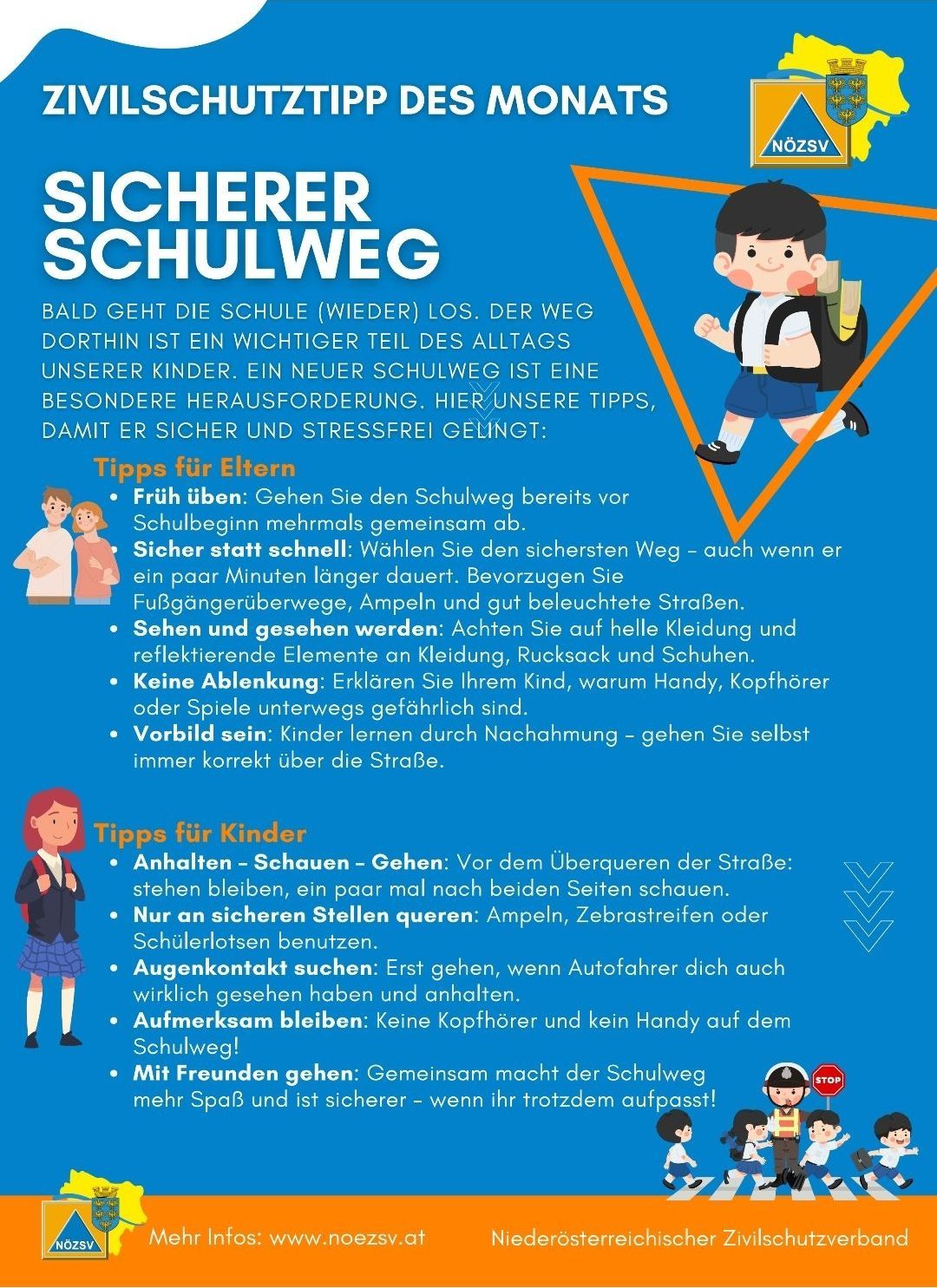 An infographic with tips for parents and children on safe school routes. It emphasizes the importance of choosing the safest path, even if it takes longer, and using pedestrian crossings. It also advises parents to model safe behavior and avoid distractions while walking.