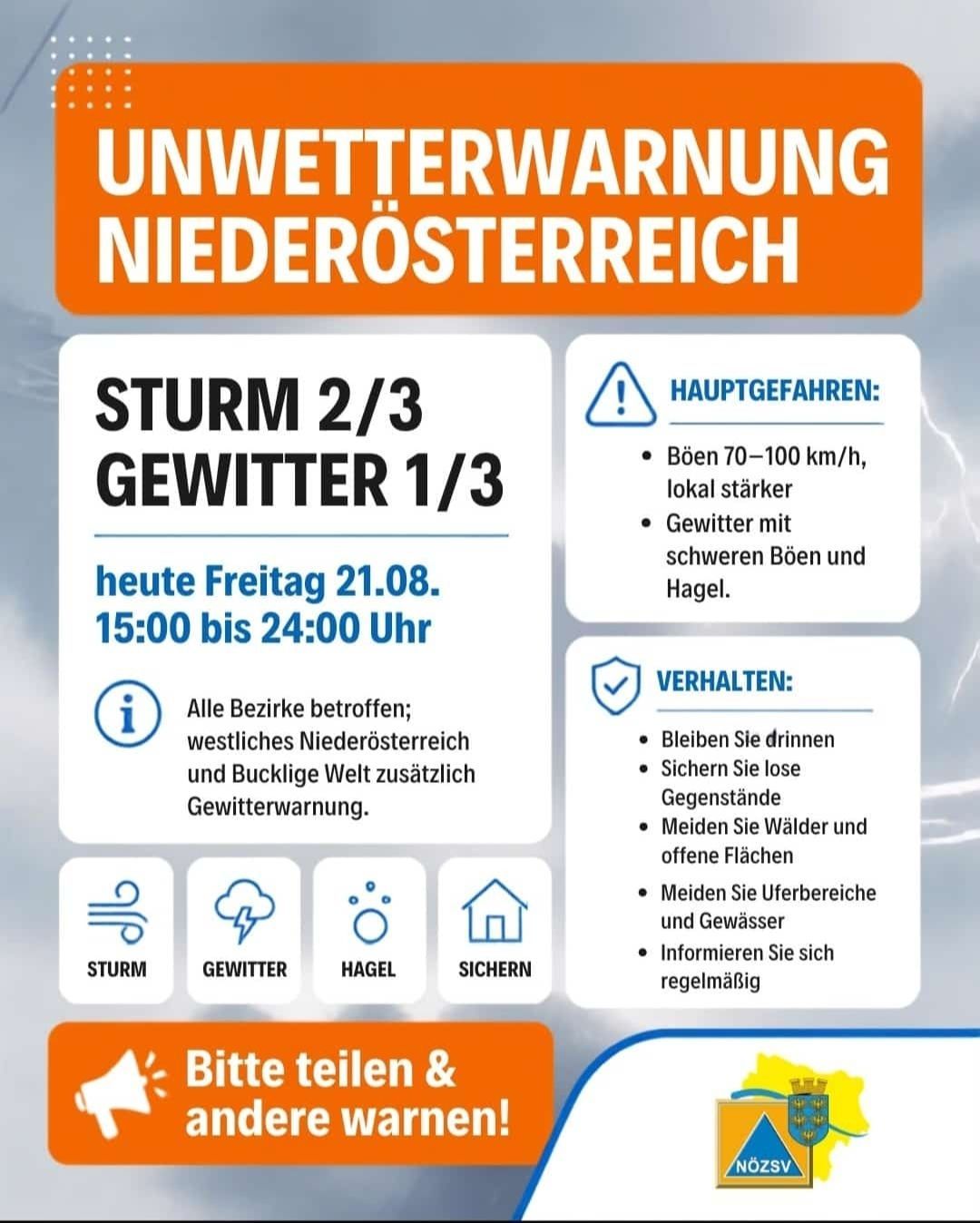 Unwetterwarnung für Niederösterreich. Sturm 2/3 und Gewitter 1/3. Windgeschwindigkeiten von 70-100 km/h, lokal stärker. Gewitter mit schweren Böen und Hagel. Bleiben Sie drinnen, sichern Sie lose Gegenstände, meiden Sie Wälder und offene Flächen, meiden Sie Überquerungen und Gewässer. Informieren Sie sich regelmäßig.
