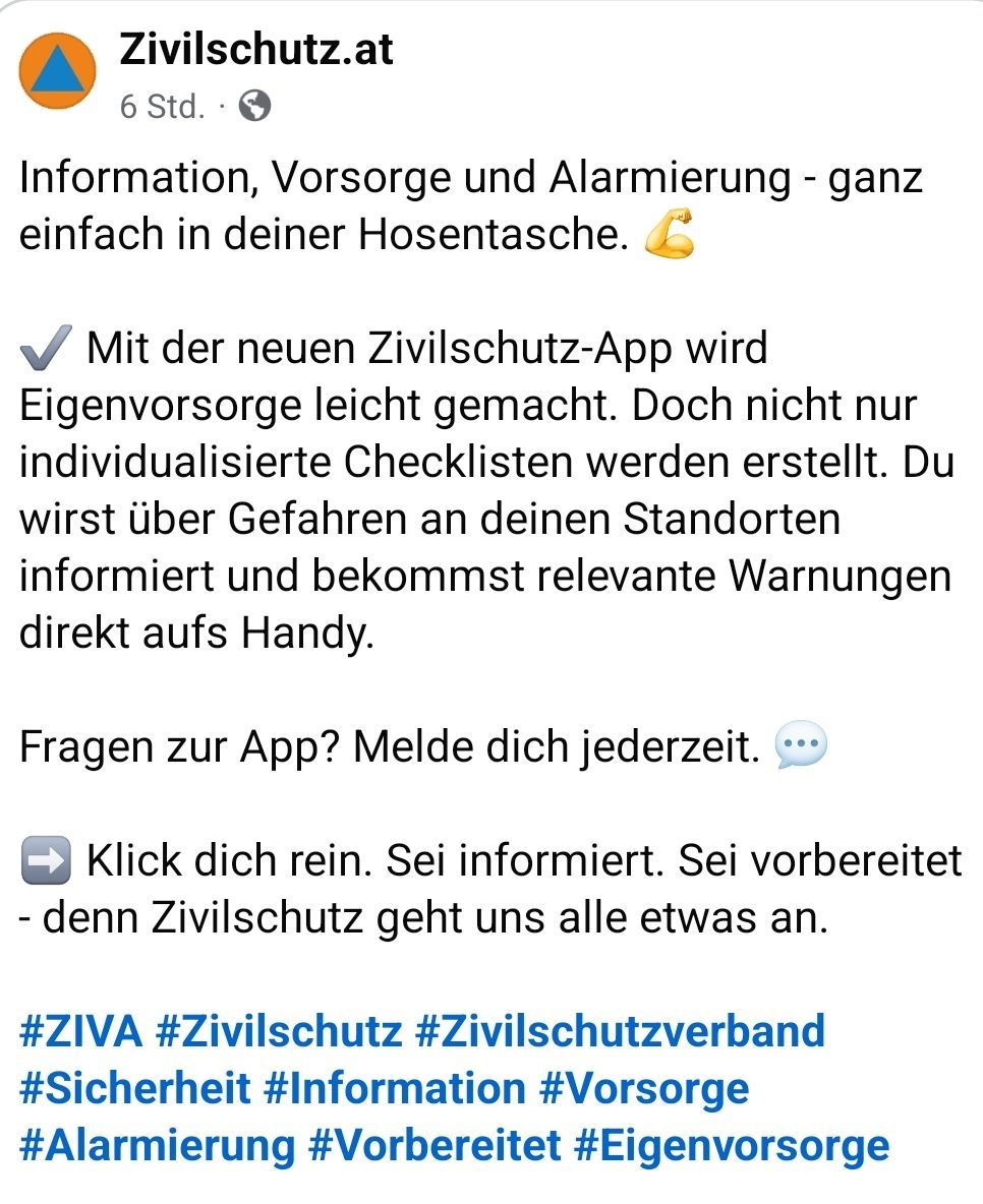 Werbung für eine Zivilschutz-App mit Checkliste, Sicherheitsinformationen und einem Aufruf zum Handeln, versehen mit relevanten Hashtags.