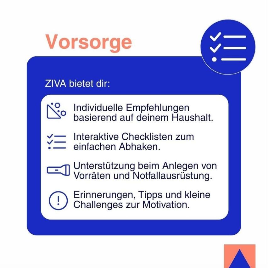 Ein Infografik mit dem Titel 'Vorsorge' von ZIVA bietet persönliche Empfehlungen, interaktive Checklisten, Unterstützung bei der Zusammenstellung von Notfallvorräten und Motivations-Challenges.