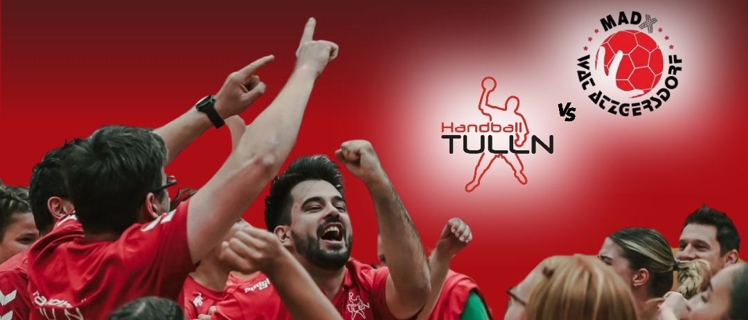 Plakat für ein Handball-Finale, das ein Team in roten Trikots zeigt, das feiert. Die Veranstaltung findet in Tulln in der Josef Welser Sporthalle statt.