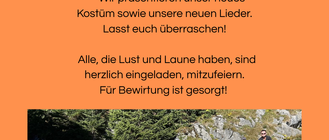 Ein Plakat kündigt die neue Faschingssaison an. Sie findet am 11. November 2025 um 11:11 Uhr in der Lebenshilfe Frastanz statt. Die Veranstaltung wird neue Kostüme und Lieder präsentieren. Getränke sind vorhanden. Ein Gruppenfoto von Menschen in gleichen schwarzen Outfits ist enthalten.