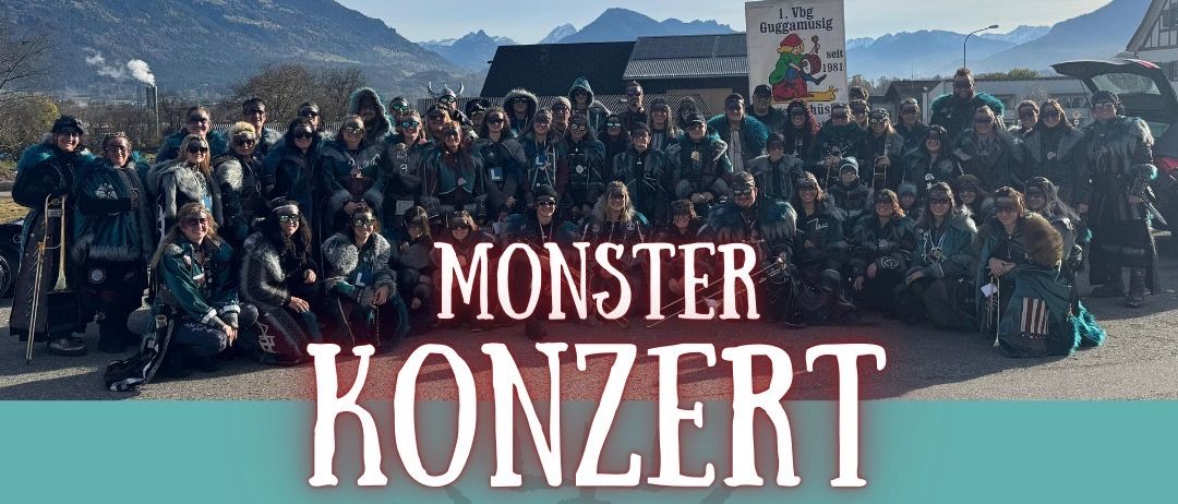 Ein Plakat kündigt ein Monster Konzert der 1. VBG Guggamusik Schneckenhausler Frastanz am 31. Januar 2026 ab 14:00 Uhr an. Der Veranstaltungsort ist Obere Lande 3, 6820 Frastanz.