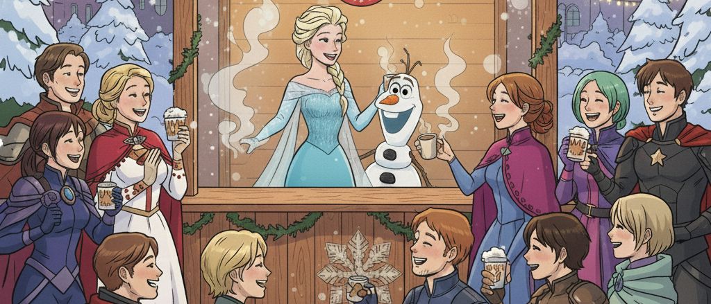 Eine festliche Zusammenkunft von Charakteren aus verschiedenen Universen, die Getränke und Snacks in einer schneebedeckten Umgebung genießen, mit Elsa und Olaf in einer dekorierten Hütte.