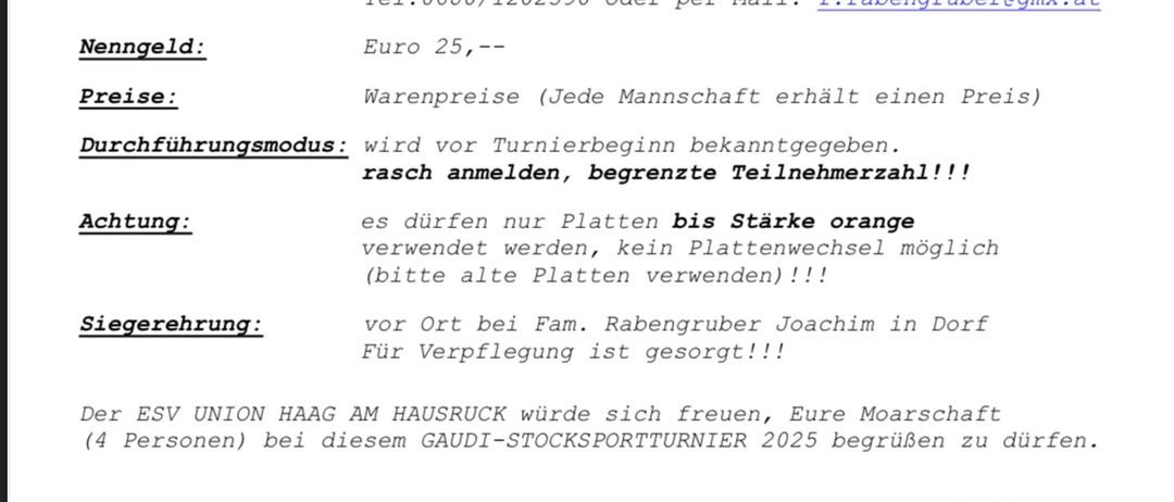 Die 3. Strassenmeisterschaft 2025 findet in Dorf statt. Anmeldungen erfolgen in Dorf an der offenen Straße. Die Teilnahmegebühr beträgt 25 Euro. Die Veranstaltung endet am Freitag, 16.05.2025. Preise werden an Teams vergeben, und ein Anmeldeformular ist verfügbar.