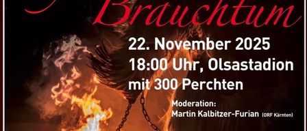 Poster for an event titled 'Football meets Brauchtum' happening on November 22, 2025 at 18:00 in Olsastadion. It features a burning effigy and includes a Perchten party from 21:00 with a DJ in the canteen.