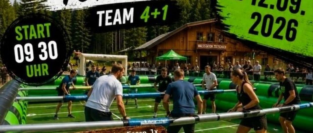Plakat für das Wuzzler Turnier-Event im Waldstadion Zeltschach. Teams von 4+1. Beginn um 09:30. Eintrittsgebühr 60€. Kontakt per WhatsApp. Datum: 12.09.2026.
