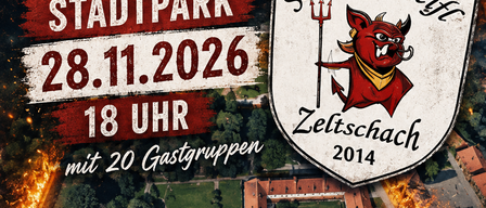 Plakat für eine Veranstaltung in Friesach am 28. November 2026 um 18:00 Uhr, mit feuerigem Hintergrund und einem Logo mit einem roten Teufel, der einen Dreizack hält.