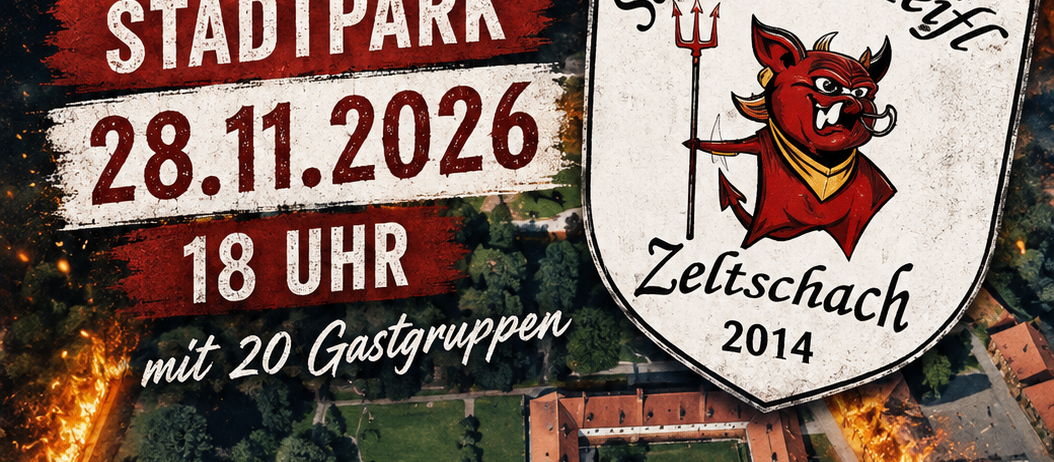 Plakat für eine Veranstaltung in Friesach am 28. November 2026 um 18:00 Uhr, mit feuerigem Hintergrund und einem Logo mit einem roten Teufel, der einen Dreizack hält.