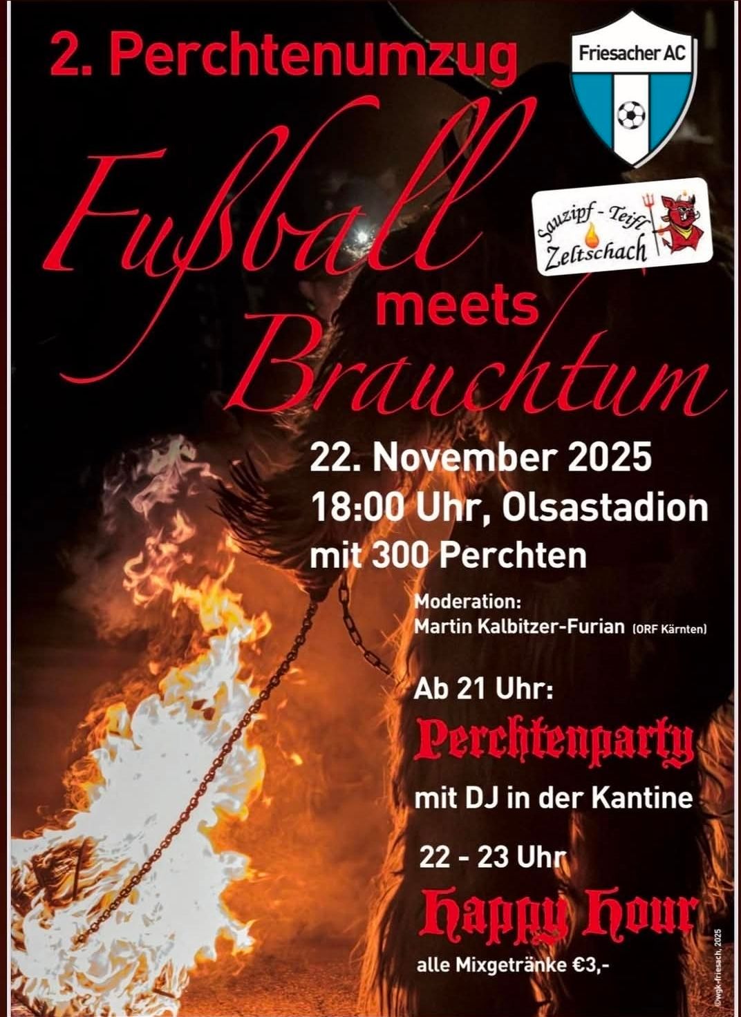 Poster for 'Football meets Brauchtum' event. Date: November 22, 2025. Time: 18:00. Location: Olsastadion. With 300 Perchten. Hosted by Martin Kalbitzer-Furian. Features Perchtenparty with DJ.