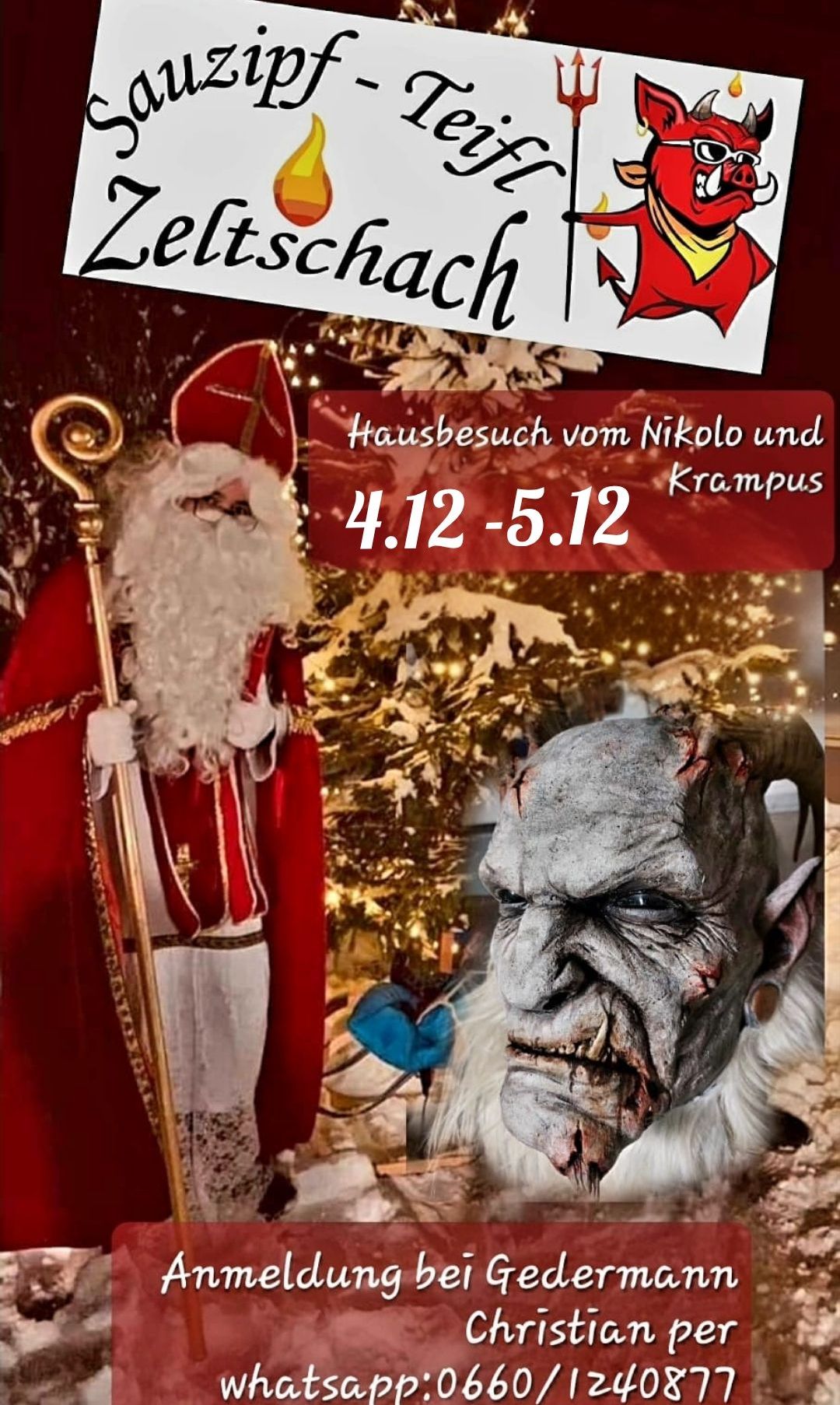 A Santa Claus figure dressed in red and white with a golden staff stands next to a Krampus figure with a horned mask. The poster says 'Hausbesuch vom Nikolo und Krampus' and the dates 4.12-5.12.