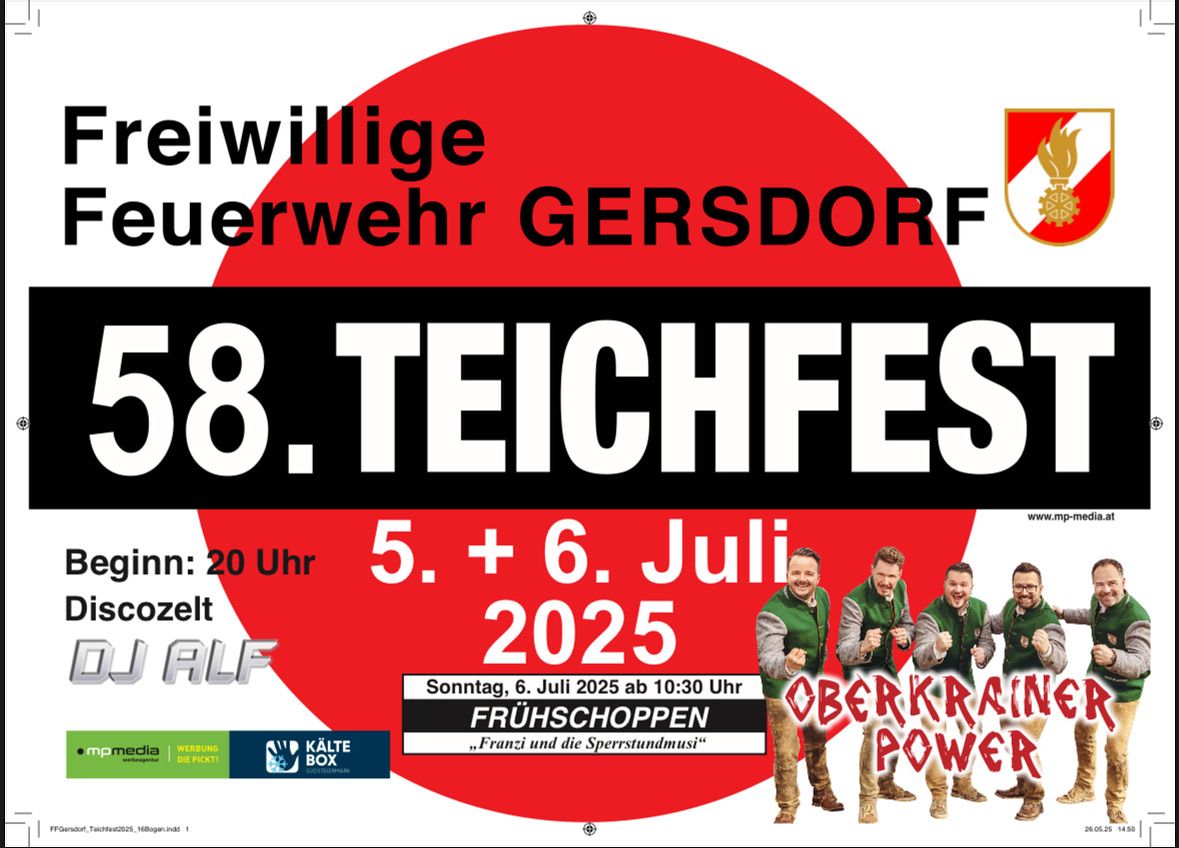 Werbeplakat für das 8. Teichfest in Gersdorff, geplant für den 5. und 6. Juli 2025, mit drei Männern und der Oberkraan Power Band.