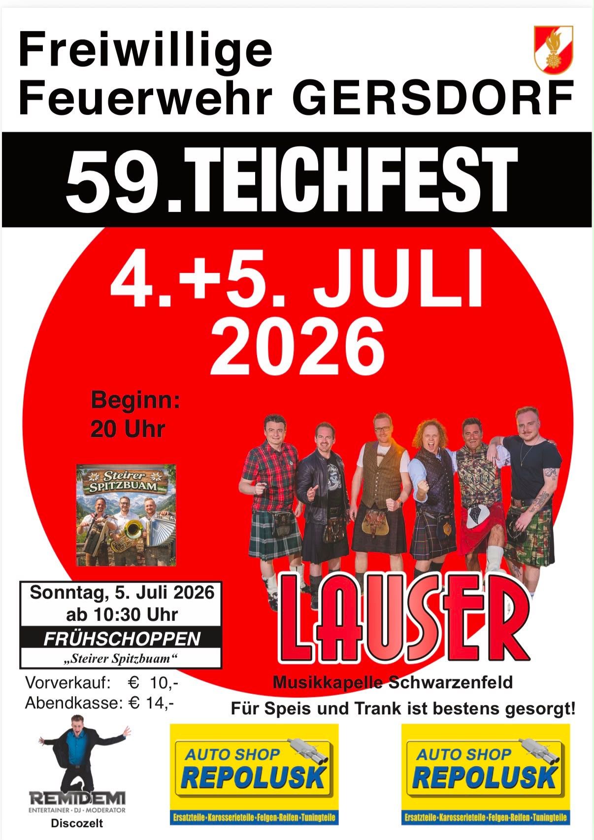 Plakat für das 59. Teichfest, das am 4. und 5. Juli 2026 stattfindet. Die Veranstaltung beginnt um 20 Uhr. Es zeigt die Band Lauser und ein Bild der Bandmitglieder in Kilts.