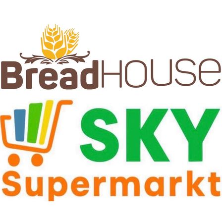 Breadhouse Logo mit Weizengarbe und SKY Supermarkt Logo mit Einkaufswagen.