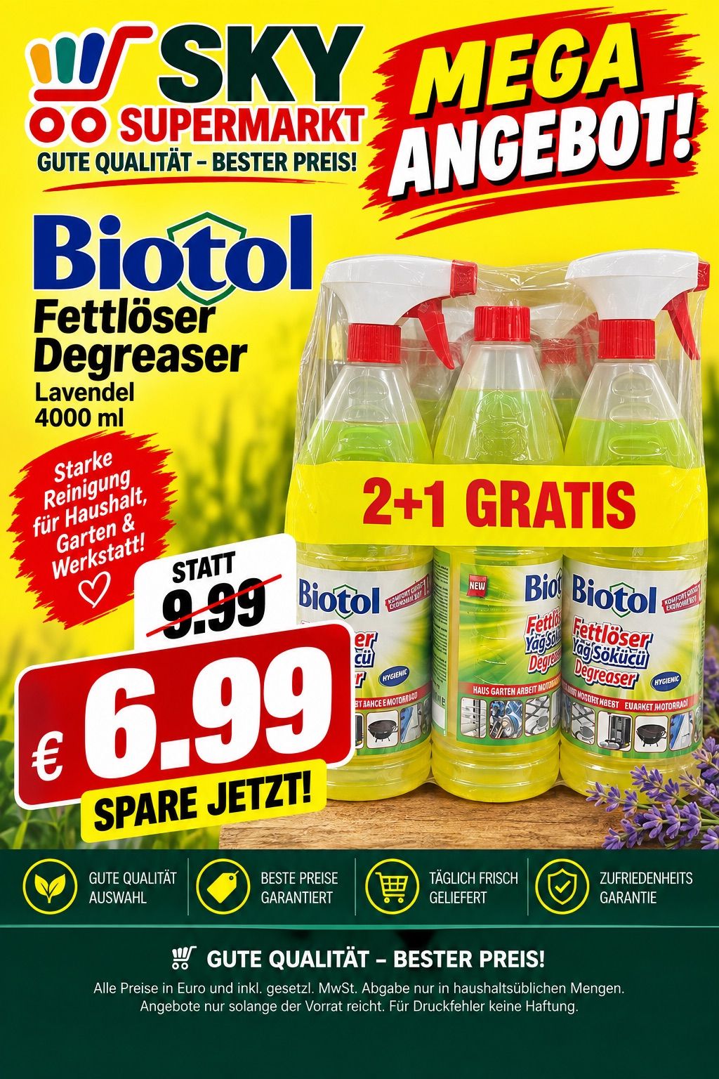 Werbeplakat für Biotol Fettlöser Degreaser, zeigt vier Flaschen mit Lavendelduft, Angebot 2+1 gratis, zum Preis von 6,99 Euro.