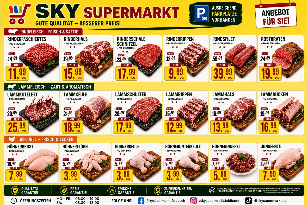 Ein Supermarkt-Flyer zeigt verschiedene Fleischprodukte. Rindfleischsorten umfassen Rinderhals, Rinderschale Schnitzel, Rinderrippen und Rindsfilet. Lammfleischsorten umfassen Lammkeule, Lammschulter, Lammrippen und Lammhals. Hähnchenteile umfassen Hühnerflügel, Hühnerkeule, Hühnerunterkeule und Hühnerinnere. Die Preise sind pro Kilogramm aufgeführt.