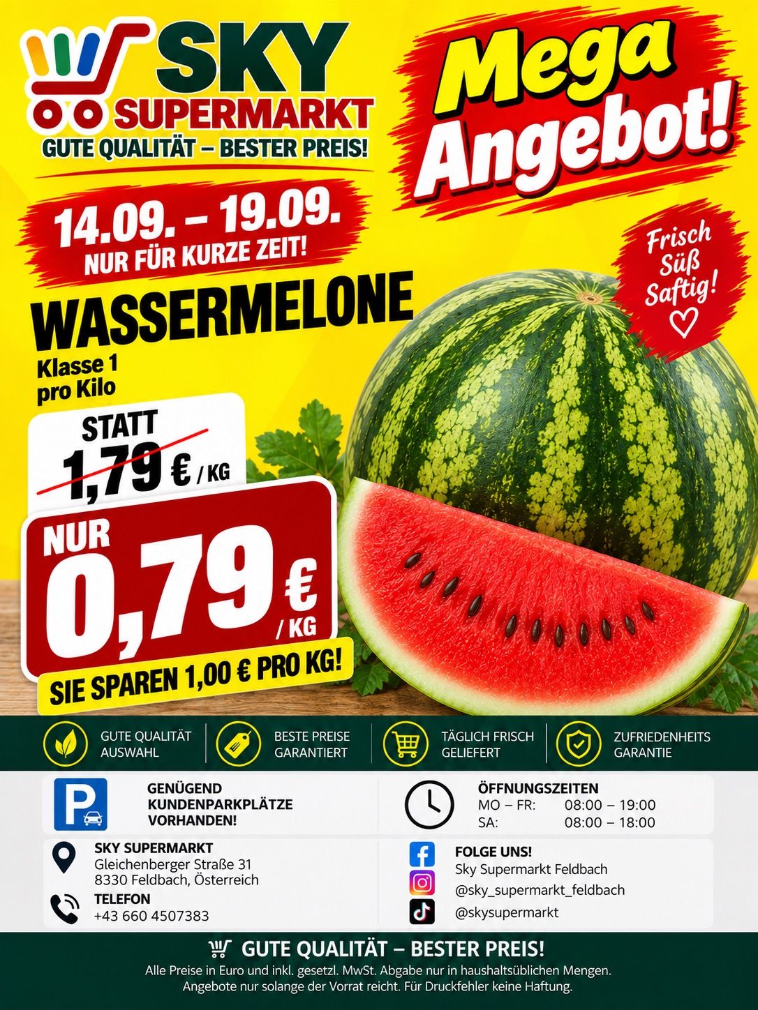 Aktion für Wassermelonen im Sky Supermarkt. Preissenkung von 1,79€ auf 0,79€ pro kg. Gültig vom 14. bis 19. September. Beinhaltet Öffnungszeiten und Standort des Geschäfts.