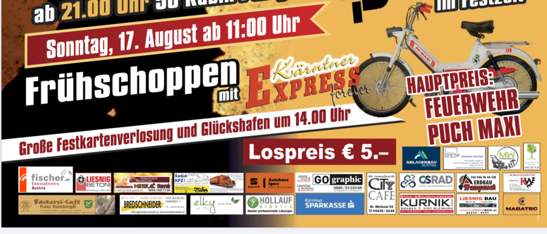 Plakat für das FF Sankt Michael Fest mit den Terminen 16. und 17. August 2025. Veranstaltungen beinhalten ein Treffen von 50-Kubik-Veteranen, ein Sonntagsfrühstück und einen Feuerwehr-Fahrradwettbewerb.