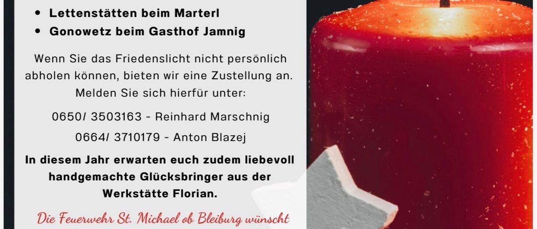 Ein Flyer für eine Gemeinschaftsveranstaltung mit einer brennenden Kerze, Bildern von Feuerwehrleuten und einer Nachricht über Frieden und handgefertigte Geschenke. Die Veranstaltung bietet das Anzünden von Kerzen und einen Lieferservice. Kontaktnummern sind angegeben.