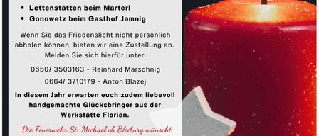 Ein Flyer für eine Gemeinschaftsveranstaltung mit einer brennenden Kerze, Bildern von Feuerwehrleuten und einer Nachricht über Frieden und handgefertigte Geschenke. Die Veranstaltung bietet das Anzünden von Kerzen und einen Lieferservice. Kontaktnummern sind angegeben.