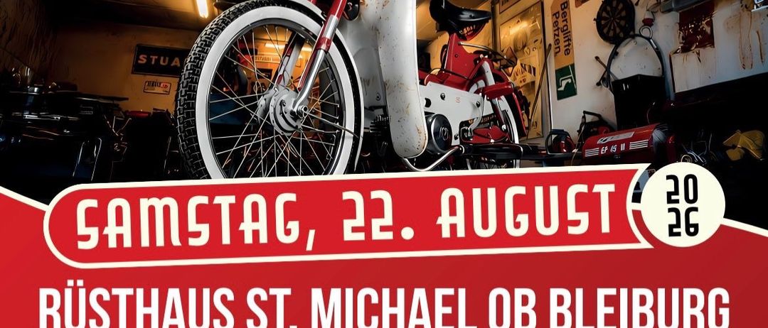 Werbeplakat für das 50. Jubiläum des Oldtimertreffen-Events. Es zeigt einen roten Oldtimer-Roller, Veranstaltungsdetails und eine Bandaufstellung. Die Veranstaltung findet am 22. August um 15 Uhr statt.
