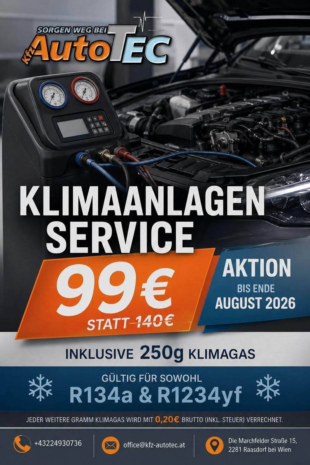 An advertisement for a car air conditioning service offering a special price of 99 euros until the end of August 2026, inclusive of 250g of climate gas. Valid for both private and commercial vehicles.