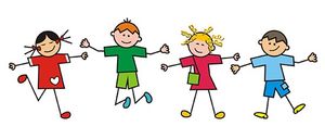 Vier Kinder sind abgebildet, jedes trägt verschiedenfarbige Kleidung, steht in einer Reihe und lächelt. Die Kinder scheinen zu rennen.