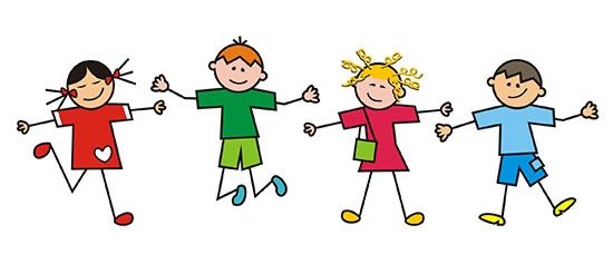 Vier Kinder sind abgebildet, jedes trägt verschiedenfarbige Kleidung, steht in einer Reihe und lächelt. Die Kinder scheinen zu rennen.