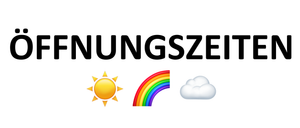 Ein Dokument mit dem Titel 'Oeffnungszeiten' mit Symbolen für Sonne, Regenbogen und Wolke darunter. Barrierefreiheit: Keine Probleme.