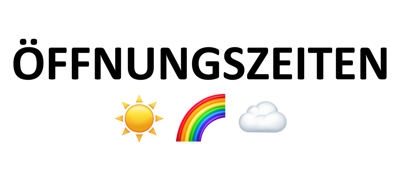 Ein Dokument mit dem Titel 'Oeffnungszeiten' mit Symbolen für Sonne, Regenbogen und Wolke darunter. Barrierefreiheit: Keine Probleme.