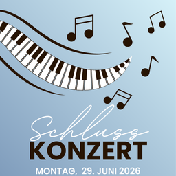 Plakat für ein Klavierkonzert mit Musiknoten und einem lächelnden Klaviertastatur auf blauem Hintergrund, datiert für den 29. Juni 2026.