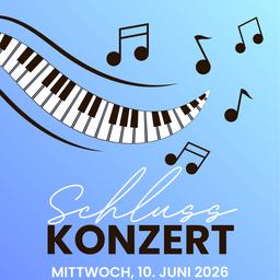 Ein Plakat für eine musikalische Veranstaltung mit einem lächelnden Klaviertastatur, umgeben von musikalischen Noten, der Text lautet 'Schluss Konzert' und das Datum 'Mittwoch, 10. Juni 2026'.