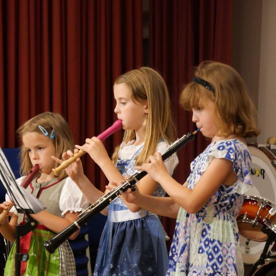 Drei junge Mädchen spielen Musikinstrumente in einem Klassenzimmer. Das Mädchen auf der linken Seite spielt eine Blockflöte, die mittlere eine Klarinette und die rechte eine Flöte. Dahinter steht ein Schlagzeug.