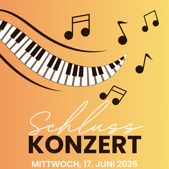 Ein Plakat für ein musikalisches Ereignis namens Schloss Konzert, geplant für Mittwoch, 17. Juni 2026, mit einem lächelnden Klaviertastatur und umherfliegenden Musiknoten auf orangem Hintergrund.