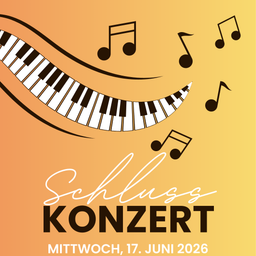 Ein Plakat für ein musikalisches Ereignis namens Schloss Konzert, geplant für Mittwoch, 17. Juni 2026, mit einem lächelnden Klaviertastatur und umherfliegenden Musiknoten auf orangem Hintergrund.