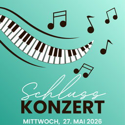 Ein Plakat für ein Klavierkonzert am Mittwoch, 27. Mai 2026, mit einem lächelnden Klaviertasten und umherfliegenden Musiknoten.