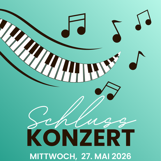 Ein Plakat für ein Klavierkonzert am Mittwoch, 27. Mai 2026, mit einem lächelnden Klaviertasten und umherfliegenden Musiknoten.
