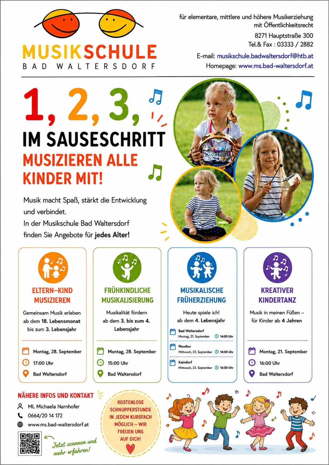 Plakat für die Musikschule Bad Waltersdorf mit Bildern von Kindern, die Musikinstrumente spielen, und einem Zeitplan für Veranstaltungen für Eltern, frühkindliche Musik und musikalische Früherziehung.