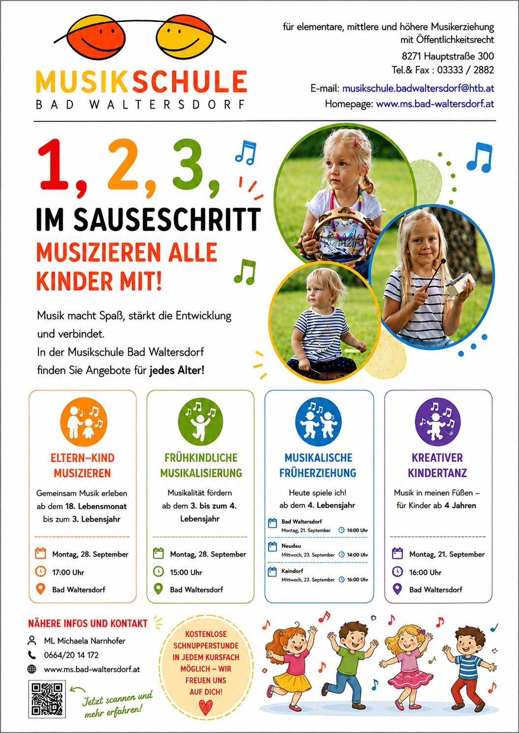 Plakat für die Musikschule Bad Waltersdorf mit Bildern von Kindern, die Musikinstrumente spielen, und einem Zeitplan für Veranstaltungen für Eltern, frühkindliche Musik und musikalische Früherziehung.