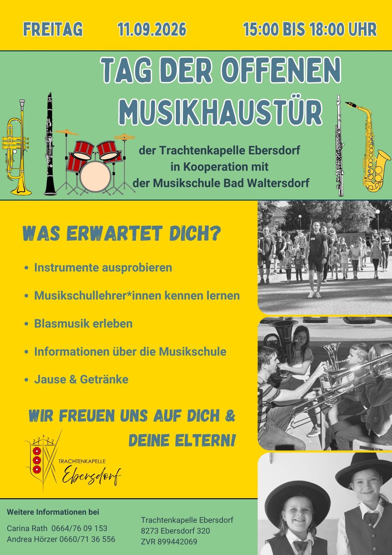 Ein Plakat für eine Musikhaus-Veranstaltung mit verschiedenen Musikinstrumenten, einer Gruppe von Menschen und einer Trompete. Die Veranstaltung wird von der Trachtenkapell Ebersdorf in Zusammenarbeit mit der Musikschule Bad Waltersdorf organisiert. Sie beinhaltet das Ausprobieren von Instrumenten, das Kennenlernen von Musiklehrern, das Erleben von Blasmusik, das Erhalten von Informationen über die Musikschule und das Genießen von Snacks und Getränken.