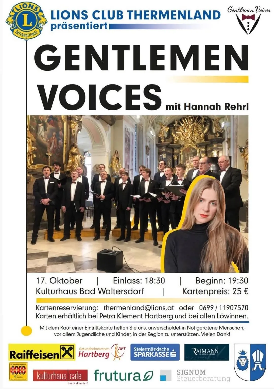 Ein Plakat für eine Veranstaltung mit dem Titel 'Gentlemen Voices', auf dem ein Männerchor in schwarzen Anzügen und eine Frau in einem schwarzen Rollkragenpullover vor ihnen steht.