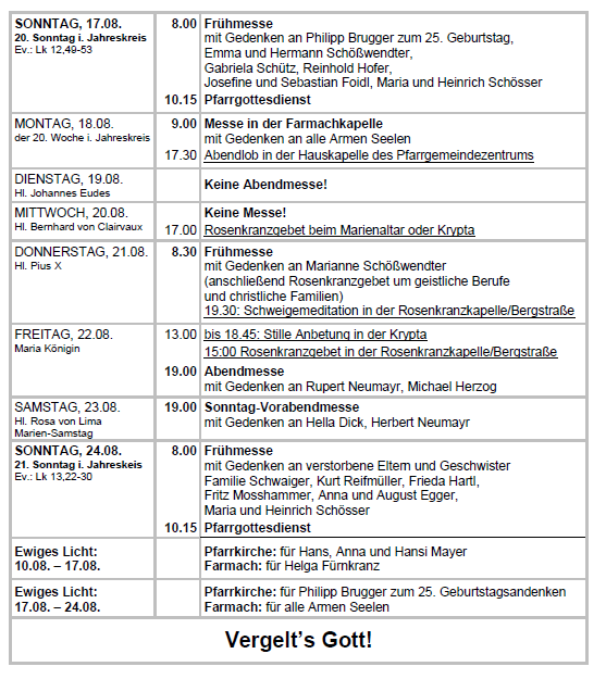 Ein Zeitplan für eine religiöse Zeremonie mit Messen, Gebeten und Gedenken an die Verstorbenen. Der Zeitplan enthält Daten, Zeiten und Orte der Gottesdienste. Spezielle Gedenken für bestimmte Personen und Familien sind ebenfalls aufgeführt.