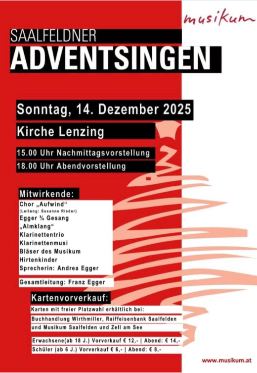 Plakat für Saalfeldner Adventsingen, mit dem Datum 14. Dezember 2025. Beinhaltet Details zur Veranstaltung, Teilnehmer und Ticketinformationen.