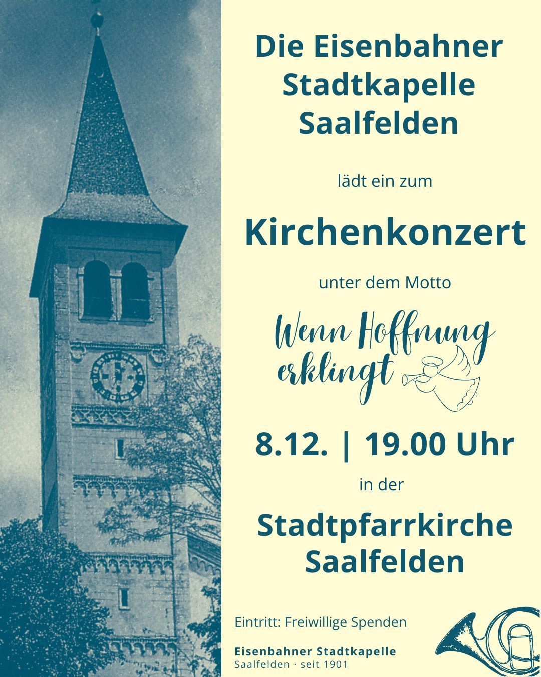 Ein alter Kirchturm mit Uhr lädt am 8. Dezember um 19 Uhr zu einem Kirchenkonzert in Saalfelden ein. Das Motto lautet 'Wenn Hoffnung erlischt.'