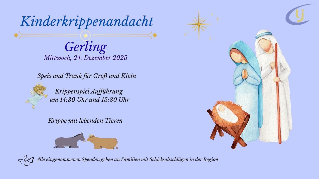 Plakat für Gerlings Weihnachtsabend am 24. Dezember 2025. Zeigt eine Illustration von Maria und Jesus, mit lebenden Tieren und erwähnt Spenden für bedürftige Familien.
